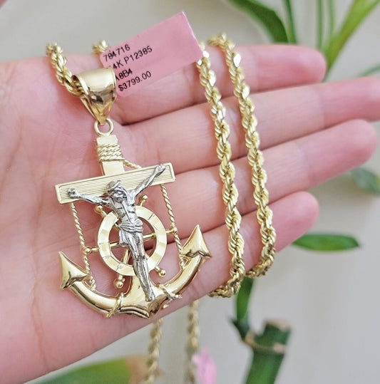 REAL 14k Gold Rope Necklace Anchor Charm Pendant SET SOLID 4mm 26 Inch Necklace - Reva Jeweler