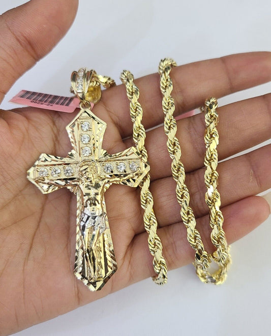 Real 14k Rope Chain Jesus Cross Charm Yellow Gold Set 5mm 20" - 30" Necklace - Reva Jeweler