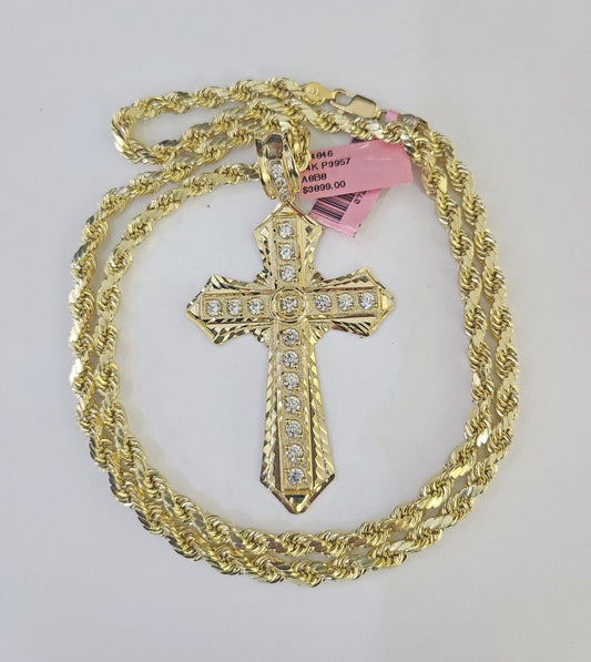 Real 14k Rope Chain Jesus Cross Charm Yellow Gold Set 5mm 20" - 30" Necklace