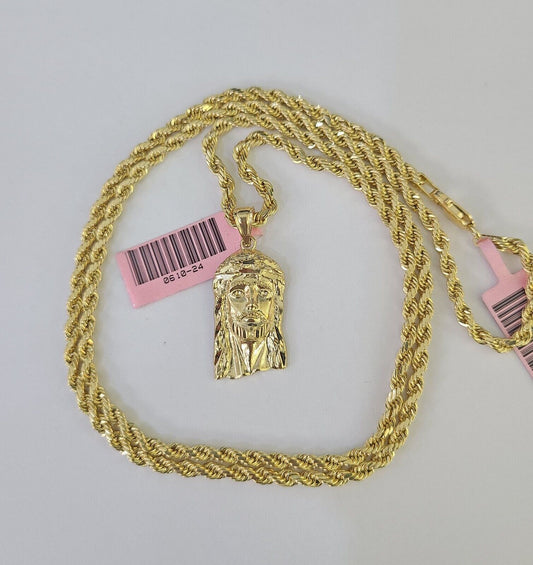 Real 14k Rope Chain Jesus Head Charm Set Yellow Gold 3mm 18 - 30" Necklace Pendant - GoldenlinQ