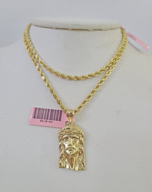 Real 14k Rope Chain Jesus Head Charm Set Yellow Gold 4mm 18 - 30" Necklace Pendant - GoldenlinQ
