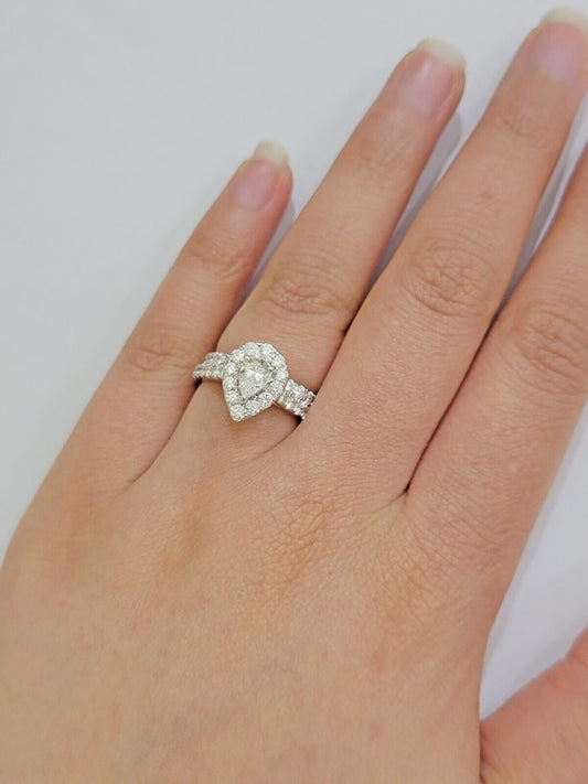 Real 14k White Gold 2CT Diamond Ladies Ring Engagement Wedding Pear SET Genuine - Reva Jeweler