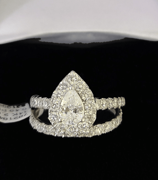 Real 14k White Gold Diamond Ladies Ring SET Pear Lab Created Engagement Wedding - Reva Jeweler