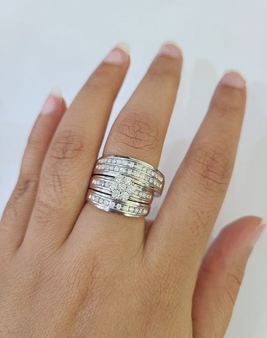REAL 14k White Gold Diamond Ring Ladies Men Trio SET Wedding Engagement Genuine - Reva Jeweler