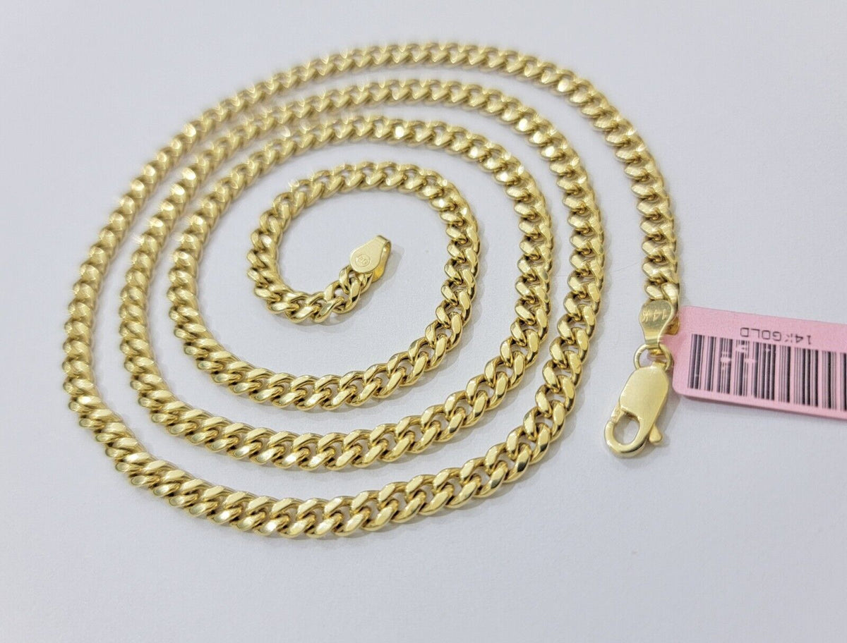 Real 14K Yellow Gold Chain Necklace Miami Cuban Link Chain 4.5mm 18" - 26'' Inch - Reva Jeweler