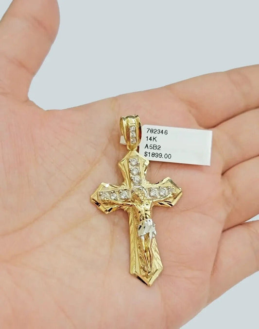 Real 14k Yellow Gold Cross Charm Pendant 14kt Jesus Crucifix With Stone For Mens - Reva Jeweler