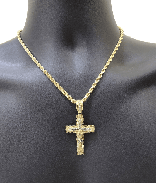 Real 14k Yellow Gold Cross Charm Rope Chain 4mm 26'' Necklace Pendant 14kt Jesus - Reva Jeweler