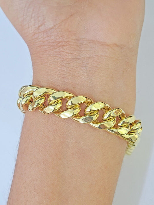 Real 14K Yellow Gold Miami Cuban Bracelet Box Clasp 9" Inch 13mm Link - Reva Jeweler