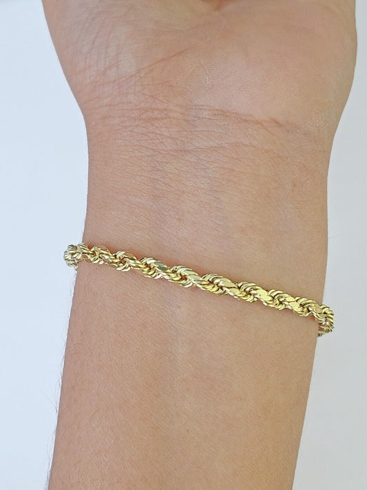 Real 14k Yellow Gold Rope Bracelet 3mm 8 Inch Men women diamond Cut - Reva Jeweler