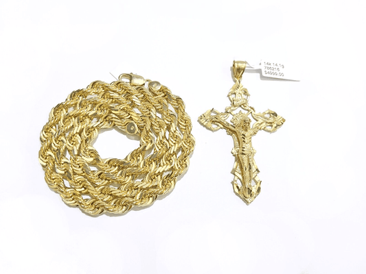 Real 14k Yellow Gold Rope Chain 24'' Necklace Jesus Crucifix Cross Charm Pendant - GoldenlinQ