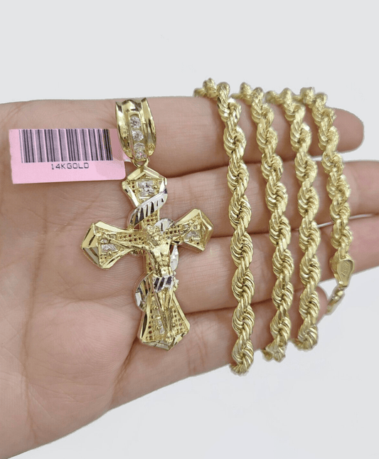 Real 14k Yellow Gold Rope Chain 5mm 18'' Necklace Jesus Cross Charm Pendant 14kt - Reva Jeweler