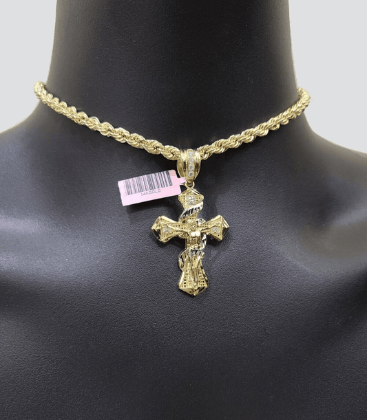 Real 14k Yellow Gold Rope Chain 5mm 20'' Necklace Jesus Cross Charm Pendant 14kt - Reva Jeweler