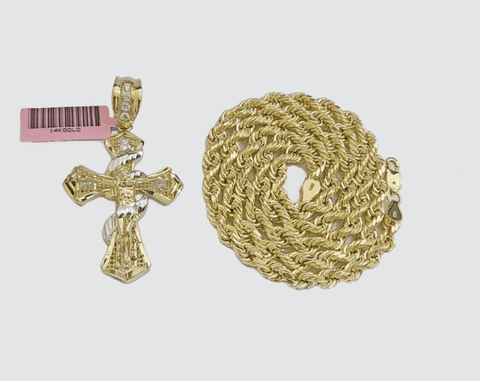 Real 14k Yellow Gold Rope Chain 5mm 24'' Necklace Jesus Cross Charm Pendant 14kt - Reva Jeweler