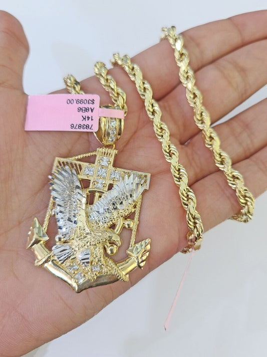 Real 14k Yellow Gold Rope Chain Eagle Anchor Charm Set Link 7mm 18"-26" Necklace