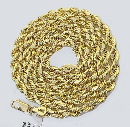 Real 14k Yellow Gold Rope Chain Necklace 4mm 18 - 30 Inch Diamond Cut 14kt SALE - Reva Jeweler
