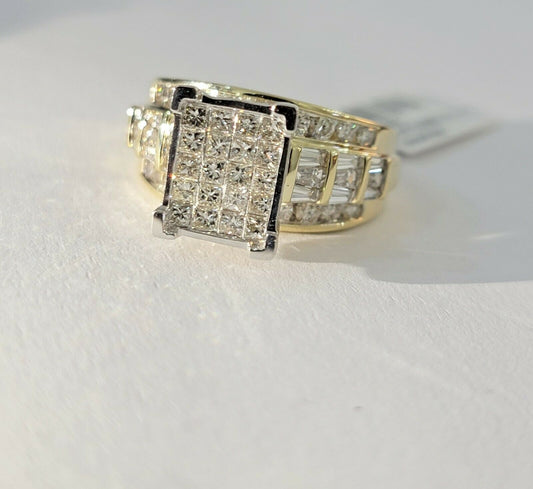 Real 14kt Gold Diamond Ladies Ring 2CT Princess Cut Baguette Round, Yellow Gold - Reva Jeweler