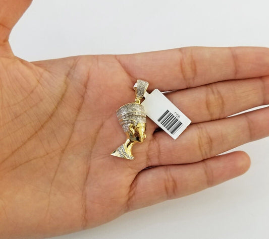 Real Diamond Egyptian Queen Nefertiti Pendant 10K Yellow Gold Charm Men - Reva Jeweler