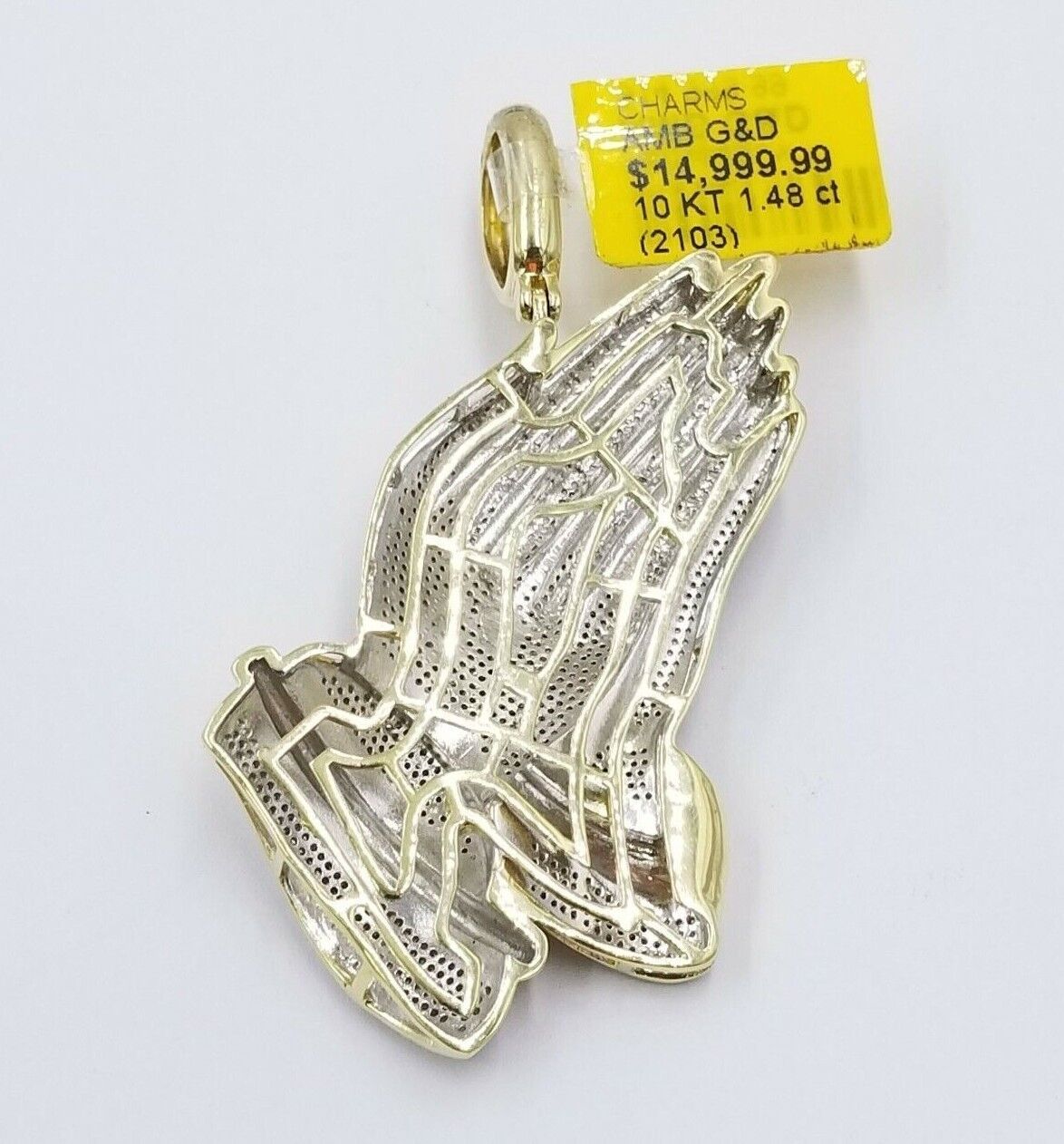 Real Diamonds Praying hand Charm Pendant 1.40CT, 2.4 Inch ,10KT Real Yellow Gold - Reva Jeweler