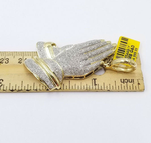 Real Diamonds Praying hand Charm Pendant 1.40CT, 2.4 Inch ,10KT Real Yellow Gold - Reva Jeweler