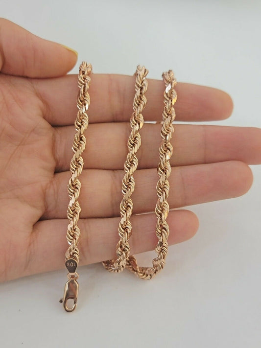 Real Gold 10k Rose Gold Rope Necklace Men Chain 4mm 20" - 26" Inch 10kt Men Women - Reva Jeweler