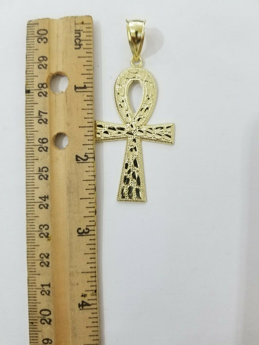 Real Gold Ankh Cross Charm Pendant 10k Yellow Gold Nugget Diamond Cuts Men Women - Reva Jeweler