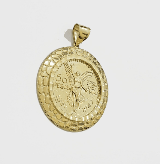Solid 10k Gold Pendant Replica Nugget 50 Peso 1947 Mexican Centenaro Charm Style - Reva Jeweler