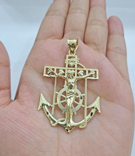 Solid 10k Yellow Gold Charm Anchor Pendant Mens Real 10 KT With Jesus crucifix - Reva Jeweler
