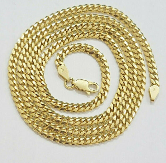 Solid 10k Yellow Gold Cuban link Chain & Nugget Charm Pendant Necklace 4mm 26 Inch - Reva Jeweler