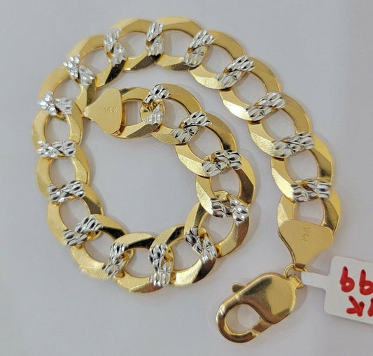 Solid 14k Gold Cuban Curb link Bracelet 9 Inch 13.5mm Two - Tone Diamond Cut Heavy - Reva Jeweler
