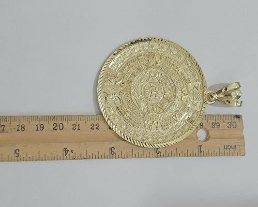 SOLID Real 10kt Yellow Gold Pendant Aztec Mayan Calendar 3" Men Charm 41 - 44 Gram - Reva Jeweler