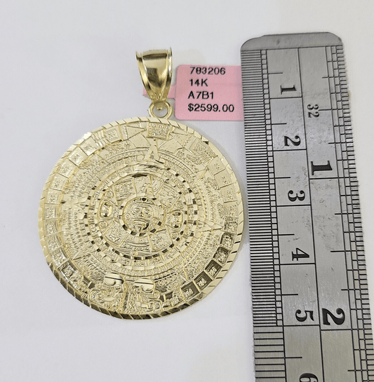 SOLID Real 14k Gold Charm Pendant Aztec Mayan Calendar 2" Men's Round Style 14k - Reva Jeweler