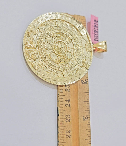 SOLID Real 14kt Yellow Gold Pendant Aztec Mayan Calendar 2.5" Men's Round Charm - Reva Jeweler