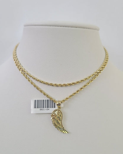10k 2.5mm Rope Chain Angel Wings Pendant 18" - 30" Yellow Gold Set Charm Necklace - Reva Jeweler
