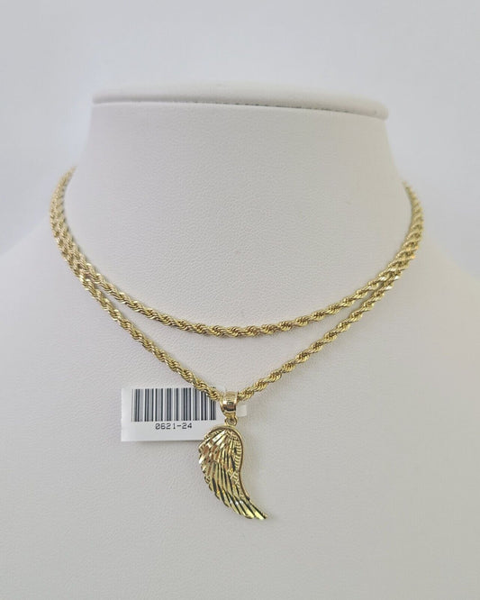 10k 2.5mm Rope Chain Angel Wings Pendant 18" - 30" Yellow Gold Set Charm Necklace - Reva Jeweler