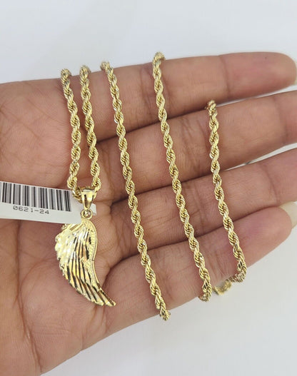 10k 2.5mm Rope Chain Angel Wings Pendant 18" - 30" Yellow Gold Set Charm Necklace - Reva Jeweler
