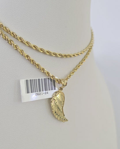 10k 2.5mm Rope Chain Angel Wings Pendant 18" - 30" Yellow Gold Set Charm Necklace - Reva Jeweler