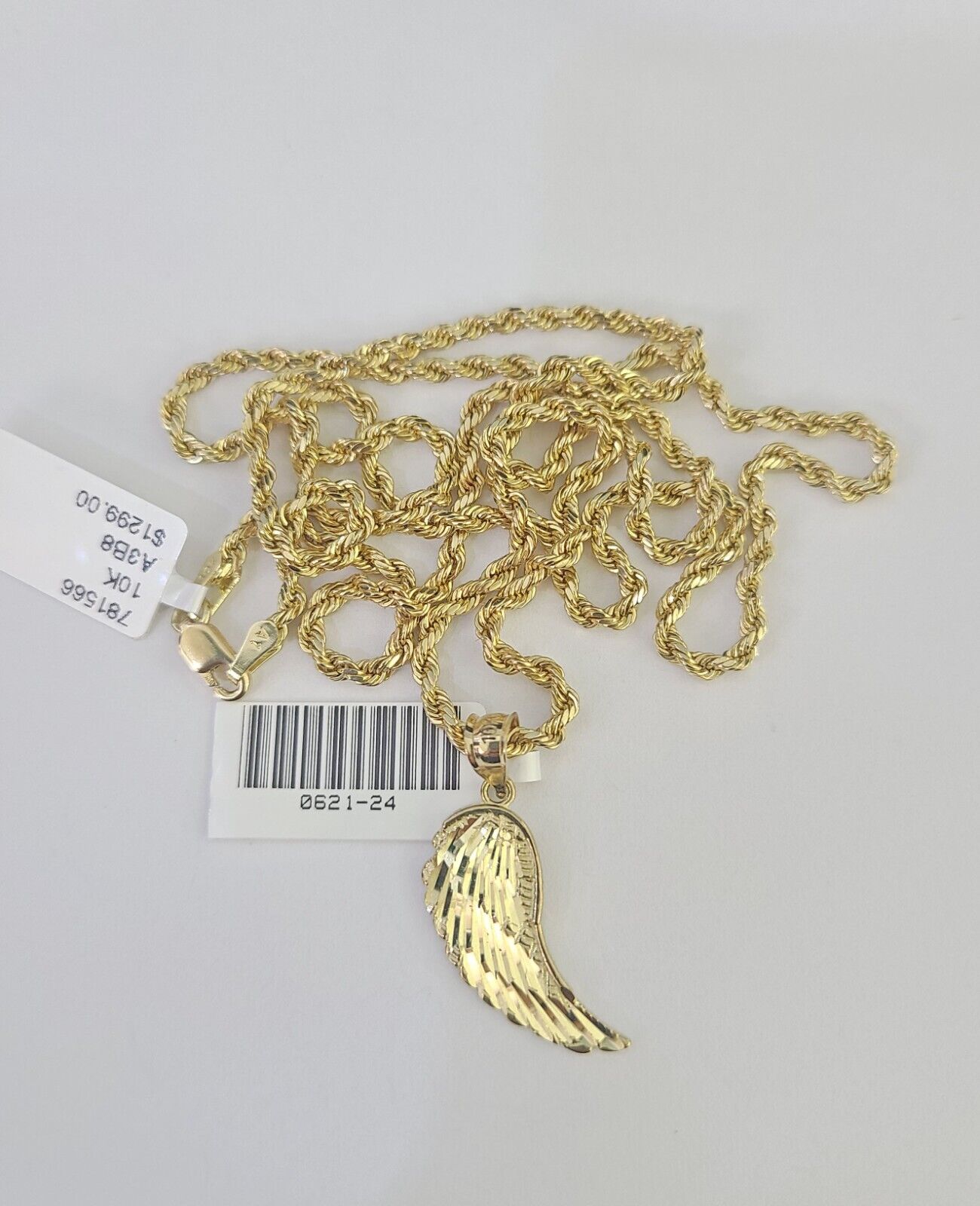 10k 2.5mm Rope Chain Angel Wings Pendant 18" - 30" Yellow Gold Set Charm Necklace - Reva Jeweler