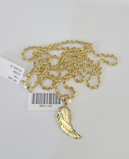 10k 2.5mm Rope Chain Angel Wings Pendant 18" - 30" Yellow Gold Set Charm Necklace - Reva Jeweler