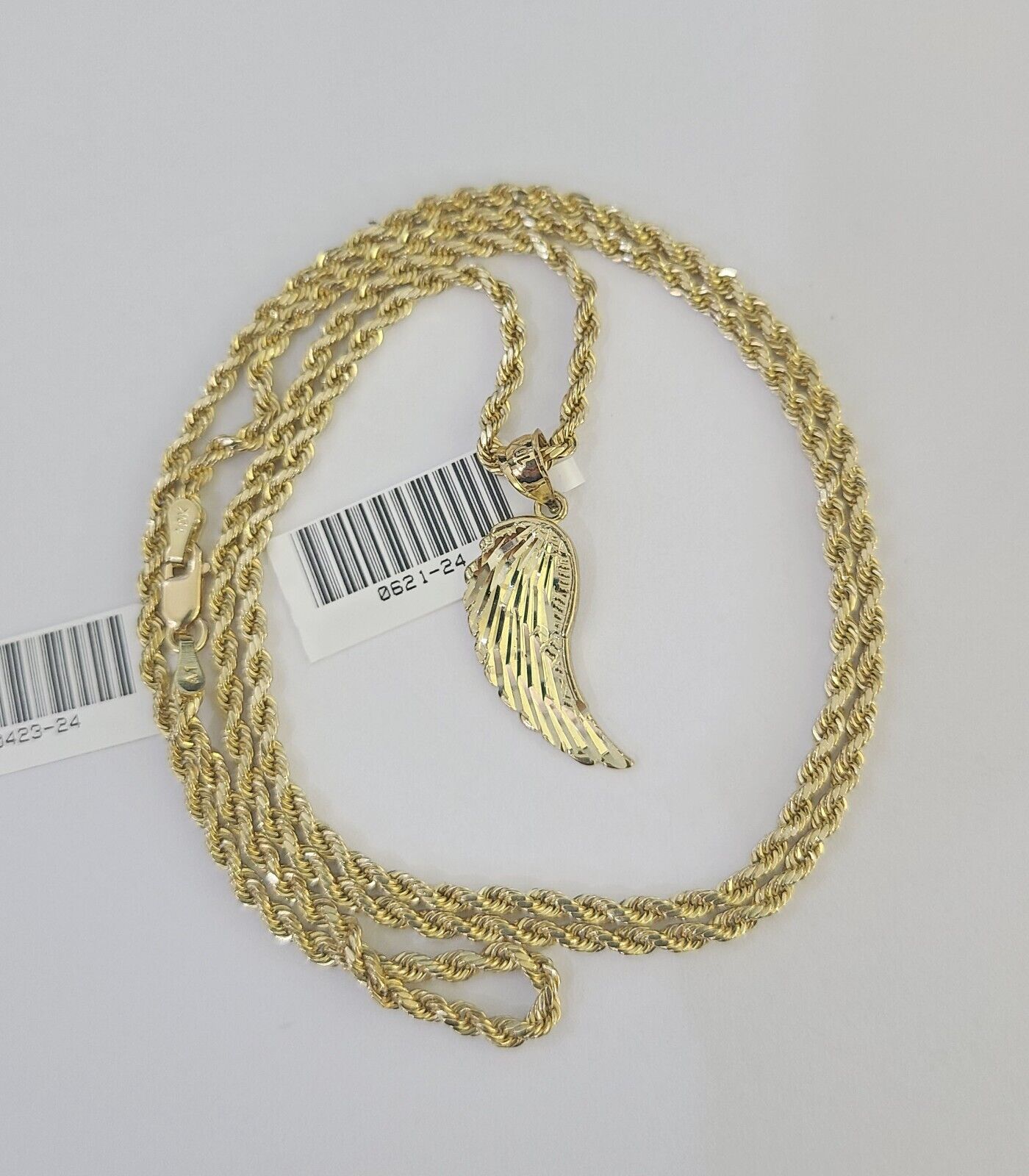 10k 2.5mm Rope Chain Angel Wings Pendant 18" - 30" Yellow Gold Set Charm Necklace - Reva Jeweler