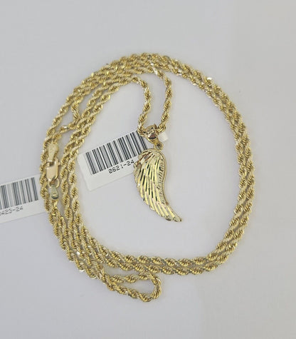 10k 2.5mm Rope Chain Angel Wings Pendant 18" - 30" Yellow Gold Set Charm Necklace - Reva Jeweler