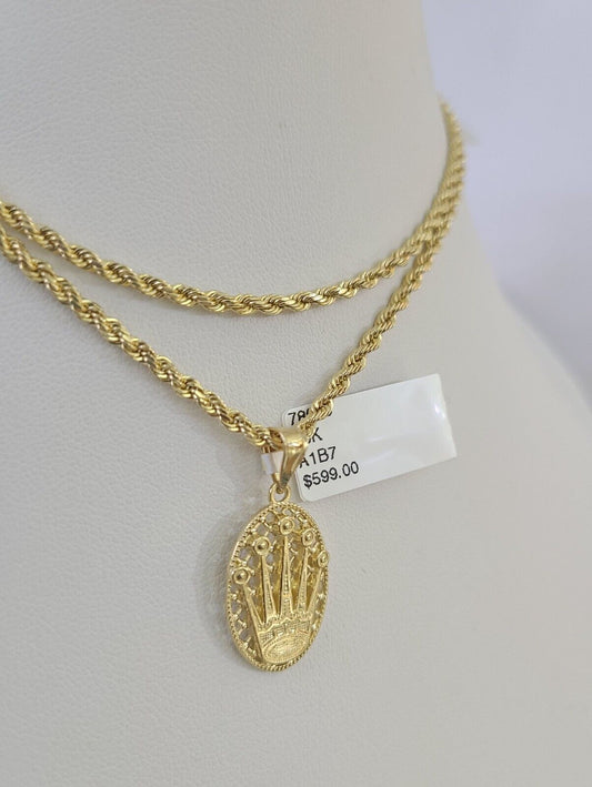 10k 2.5mm Rope Chain Crown Pendant 18" - 30" Yellow Gold Set Charm Necklace - Reva Jeweler