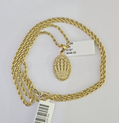 10k 2.5mm Rope Chain Crown Pendant 18" - 30" Yellow Gold Set Charm Necklace - Reva Jeweler