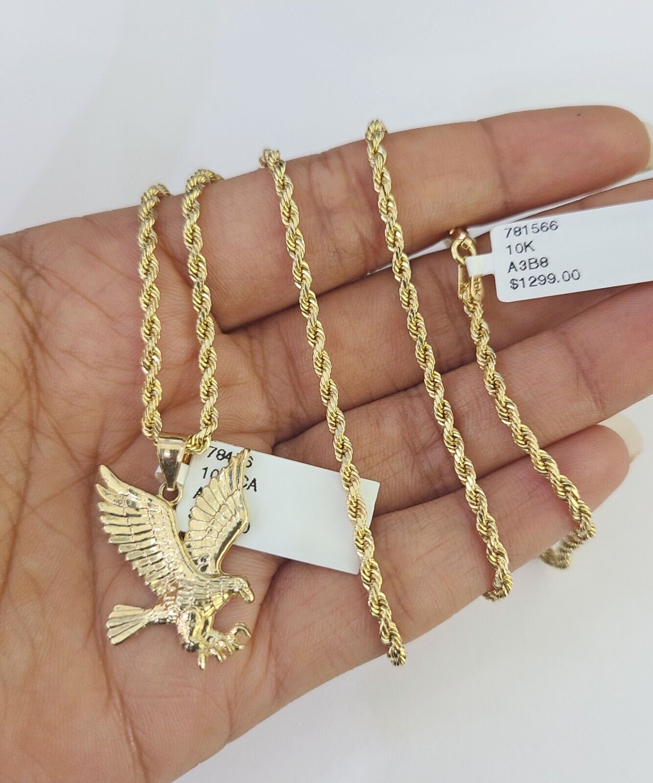 10k 2.5mm Rope Chain Eagle Pendant 18" - 30" Yellow Gold Set Charm Necklace - Reva Jeweler