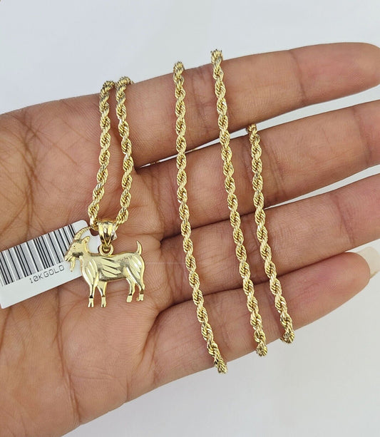 10k 2.5mm Rope Chain GOAT Pendant 18" - 30" Yellow Gold Set Charm Necklace - Reva Jeweler