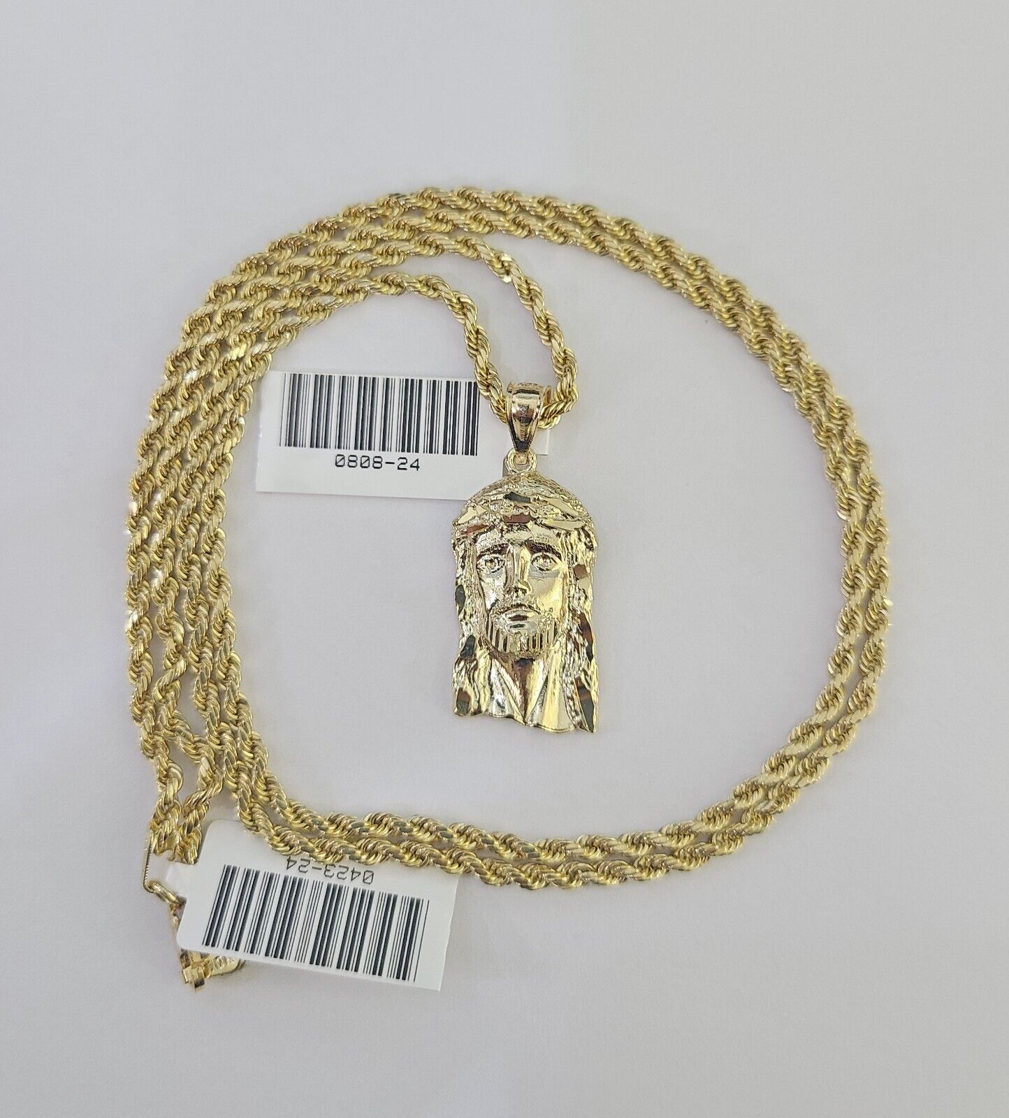 10k 2.5mm Rope Chain Jesus Head Pendant 18" - 30" Yellow Gold Set Charm Necklace - Reva Jeweler