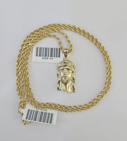 10k 2.5mm Rope Chain Jesus Head Pendant 18" - 30" Yellow Gold Set Charm Necklace - Reva Jeweler
