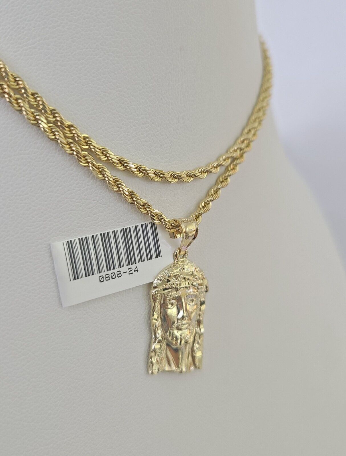 10k 2.5mm Rope Chain Jesus Head Pendant 18" - 30" Yellow Gold Set Charm Necklace - Reva Jeweler