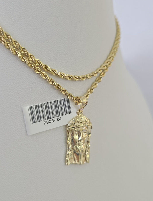 10k 2.5mm Rope Chain Jesus Head Pendant 18" - 30" Yellow Gold Set Charm Necklace - Reva Jeweler