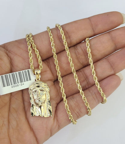 10k 2.5mm Rope Chain Jesus Head Pendant 18" - 30" Yellow Gold Set Charm Necklace - Reva Jeweler