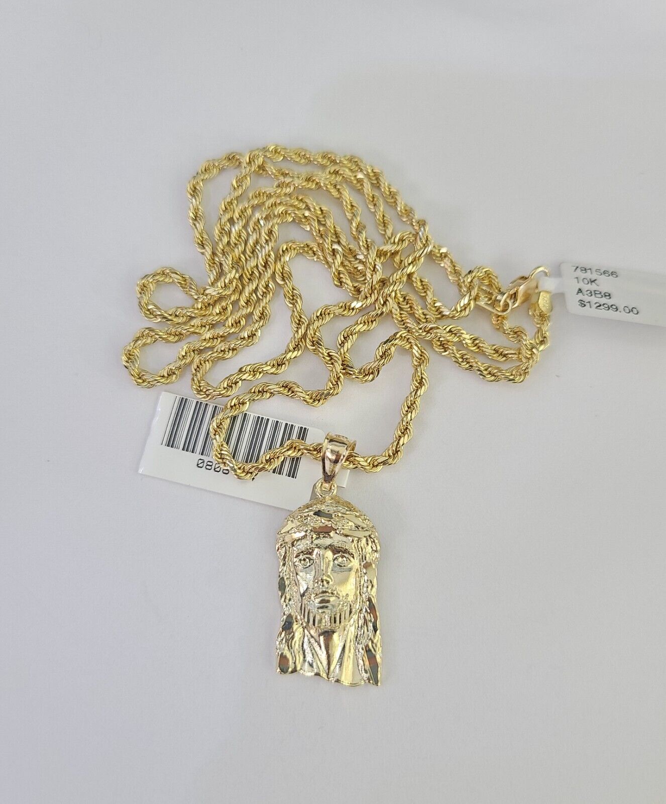 10k 2.5mm Rope Chain Jesus Head Pendant 18" - 30" Yellow Gold Set Charm Necklace - Reva Jeweler